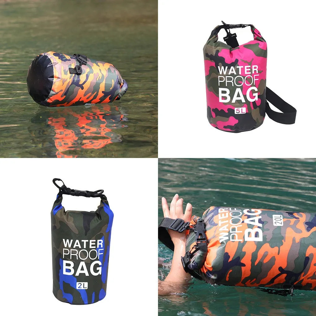 Outdoor waterproof camouflage polyester double shoulder backpack in green, with roll-top closure and foldable design