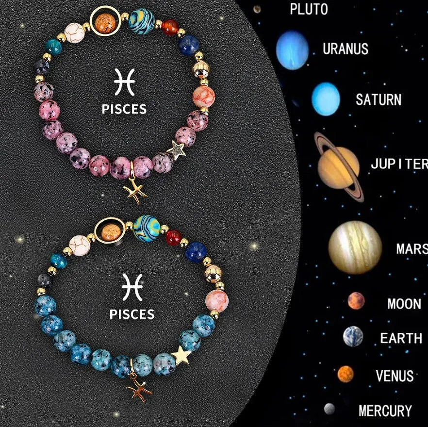 Natural stone zodiac beaded bracelet set showing twelve different sign designs with colourful crystal beads on adjustable cords