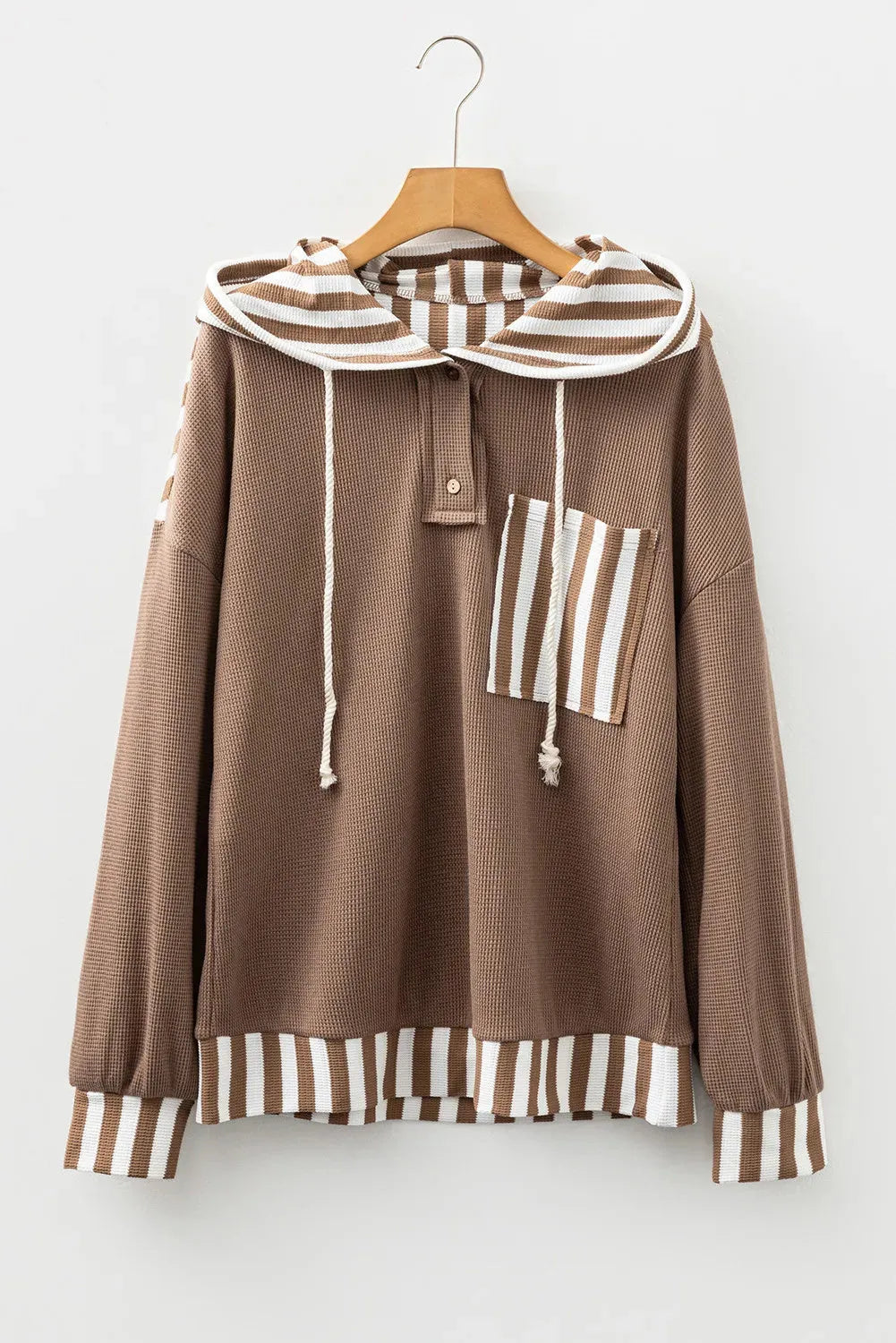 Straw yellow waffle texture striped patchwork women's hoodie with button neck and drawstring hood