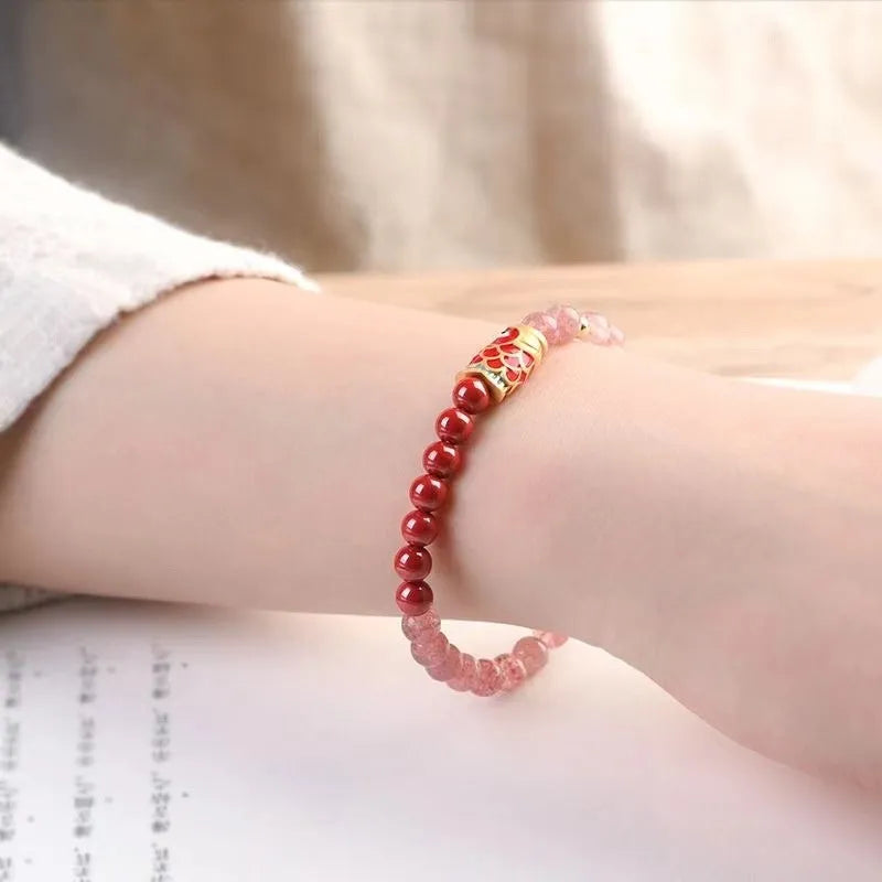 Purple cinnabar and strawberry quartz women's bracelet with lucky beads and peach blossom retro design
