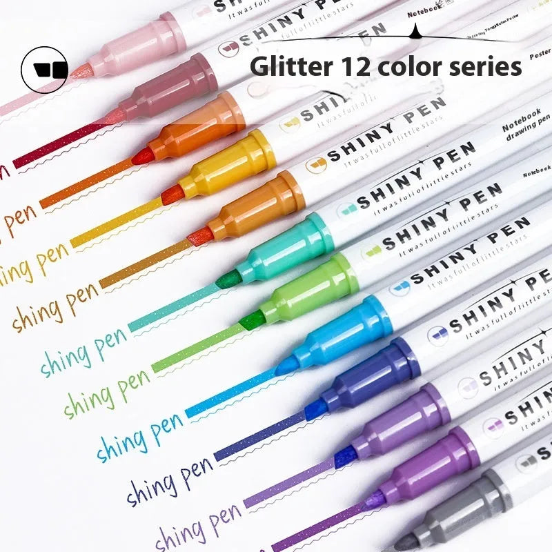 Set of four glitter highlighter pens with slanted tips showing six glitter ink colours including taro puff and mung bean smoothie