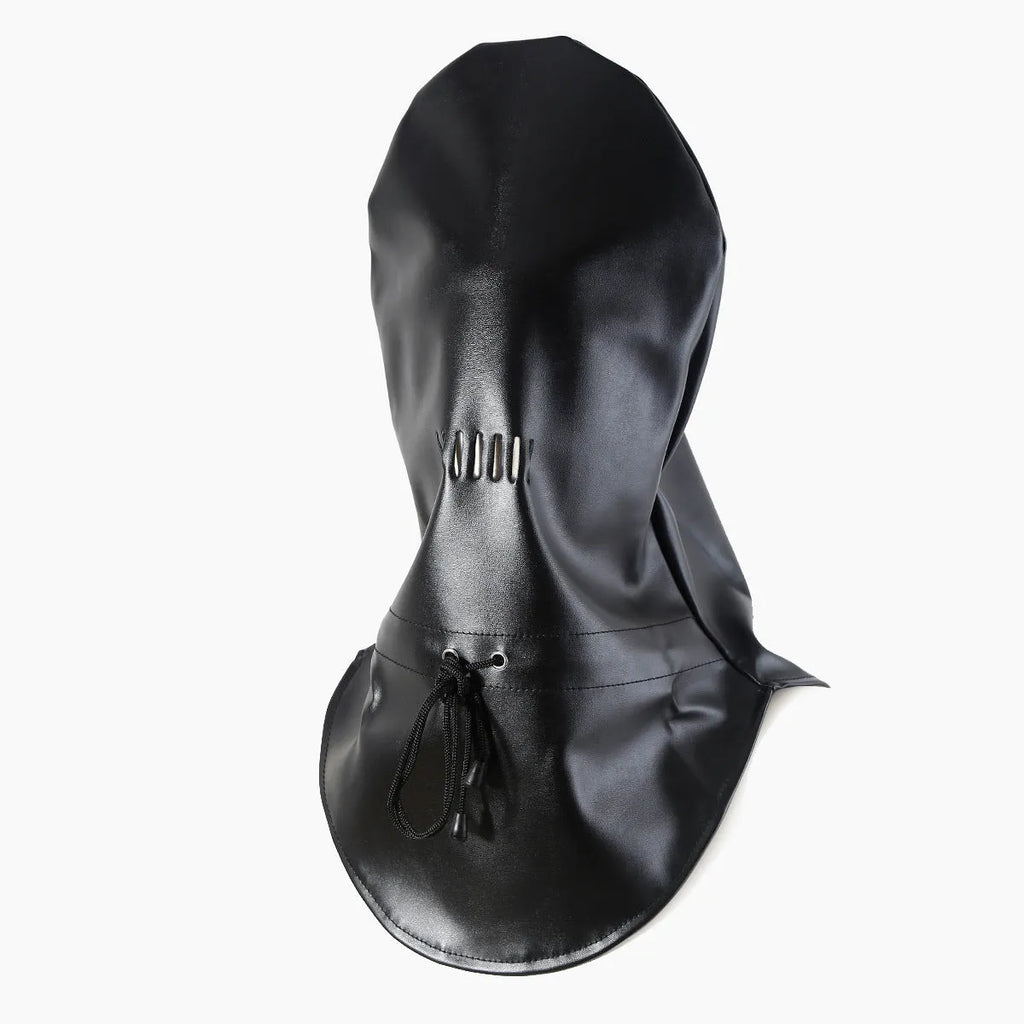 Black leather bondage mask covering eyes and nose area with adjustable strap