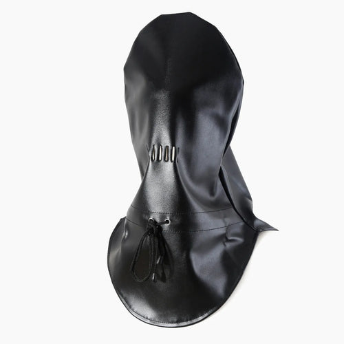 Black leather bondage mask covering eyes and nose area with adjustable strap