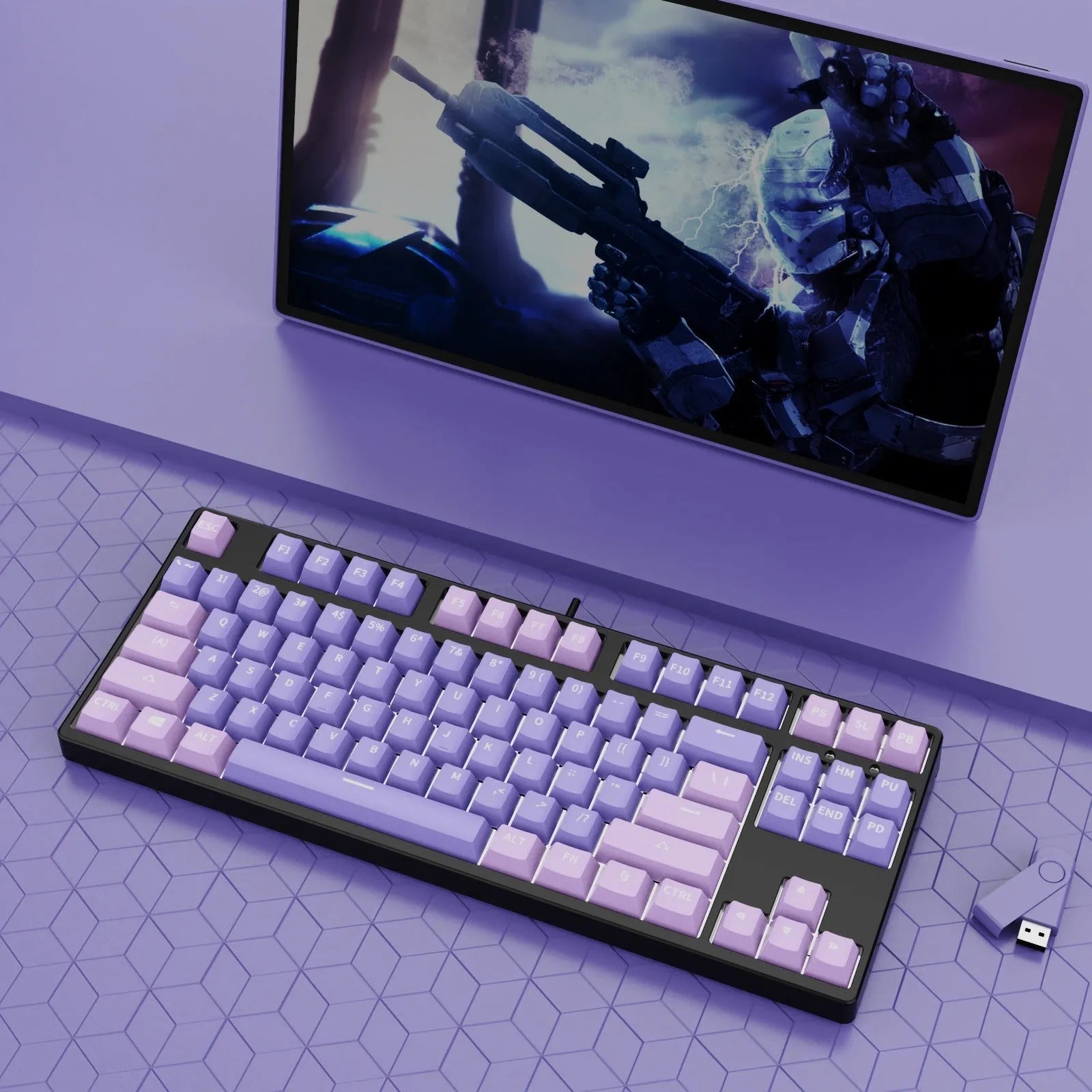 87-key wired mechanical gaming keyboard with hot-swappable switches shown in a two-tone colour scheme on a metal chassis.