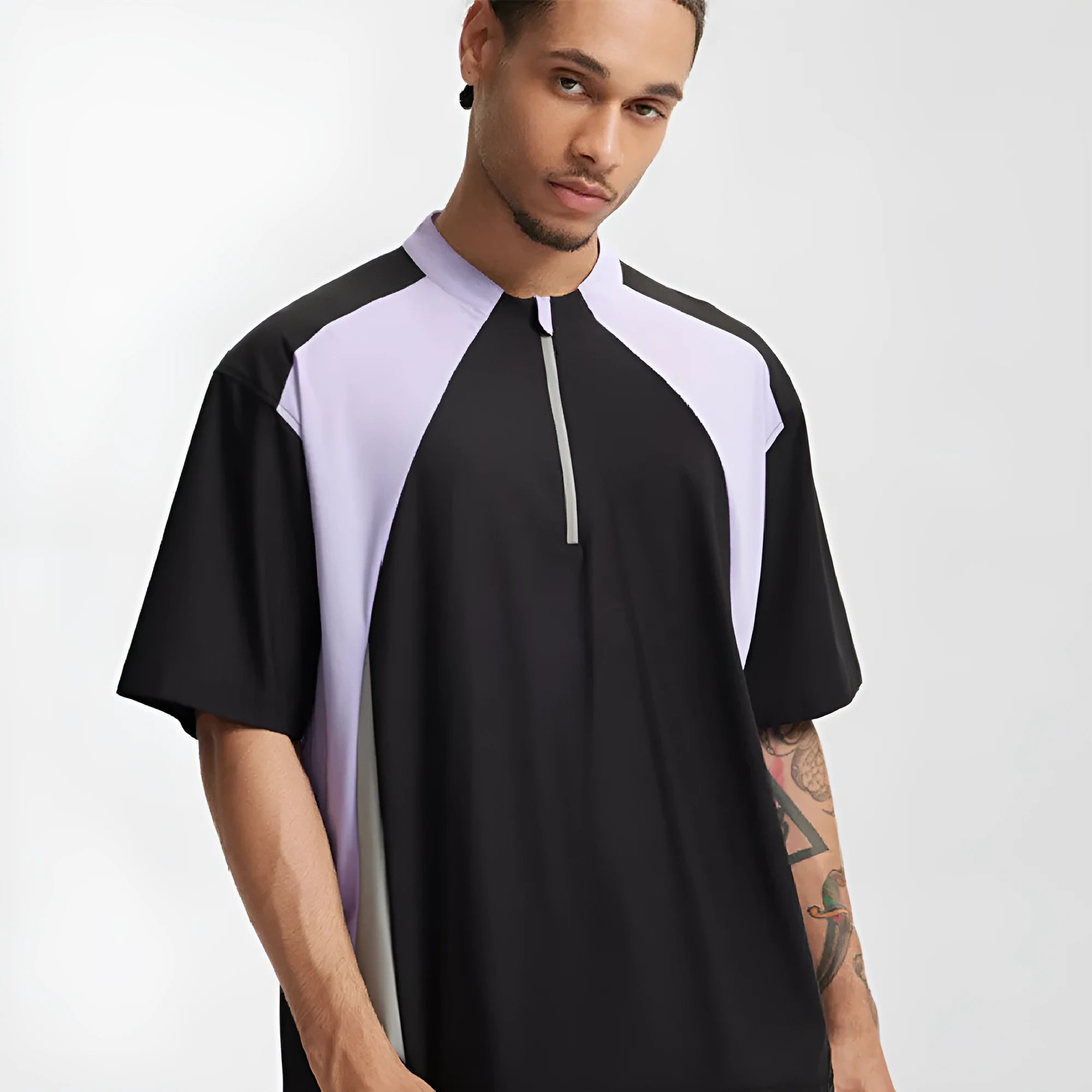 Men's lightweight polyester top with stitching detail in solid black and beige colours with long and short sleeve options