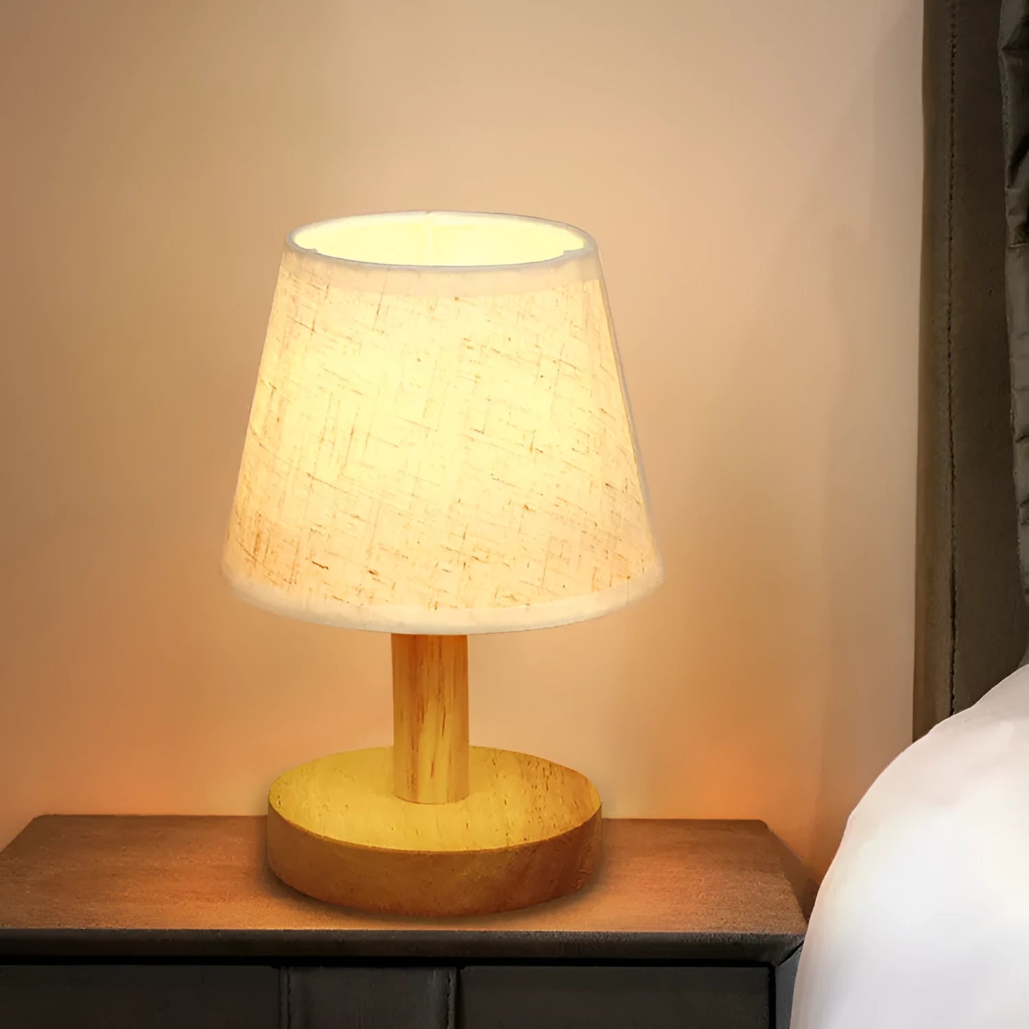 Vintage pleated jute and linen table lamp with bamboo holder and USB charging cable