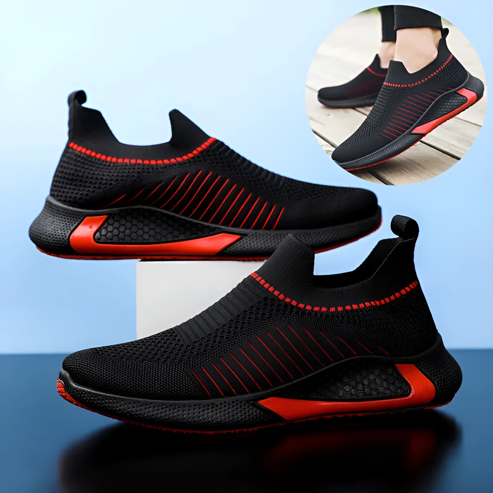 Men's mesh sock shoes with striped design, lightweight slip-on sneakers in black colour