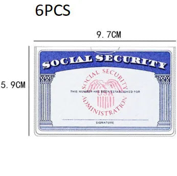 Transparent PVC social security card holder showing card inside, dimensions 9.7 by 5.9 centimetres