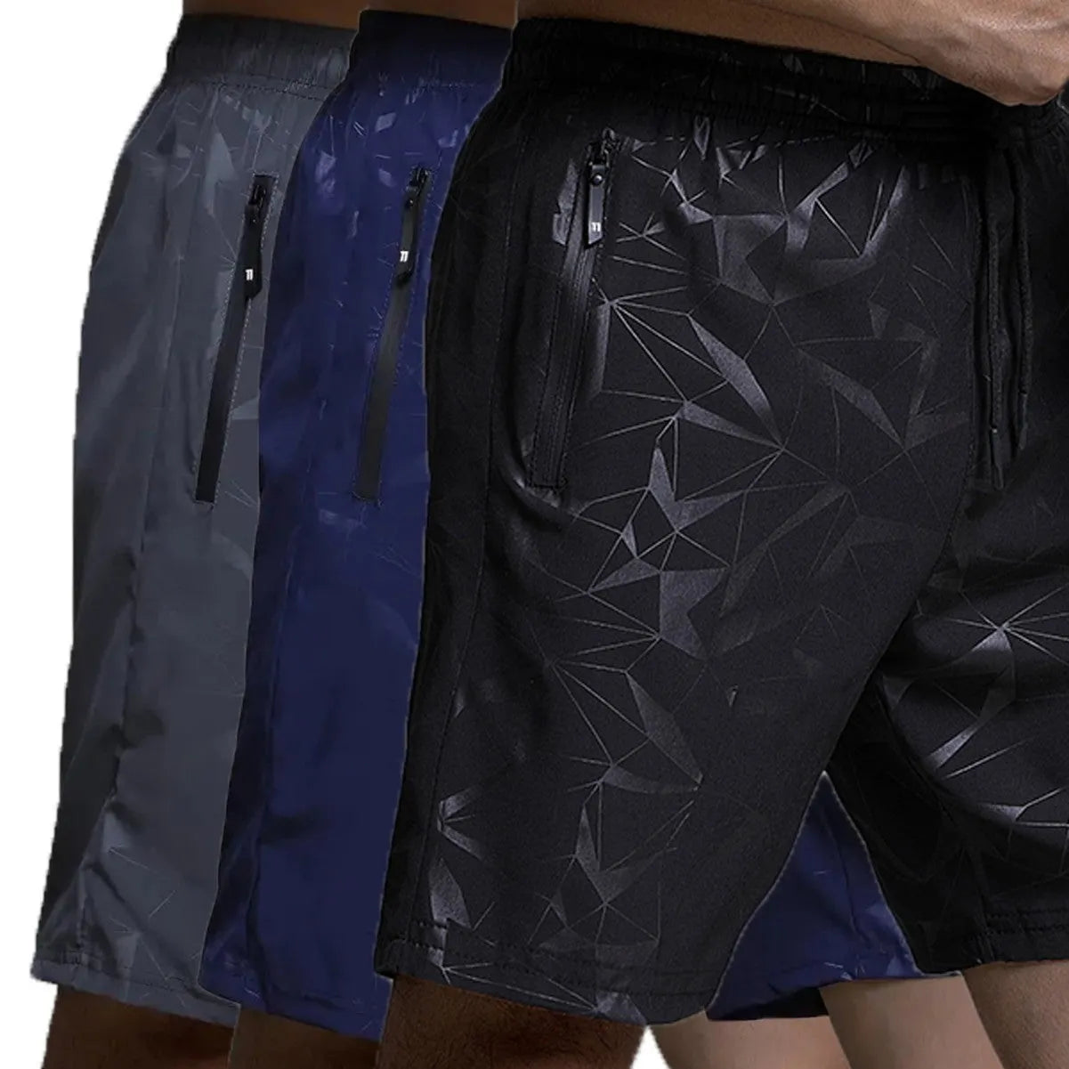 Men's black loose-fit polyester sports shorts with an elasticated waistband.