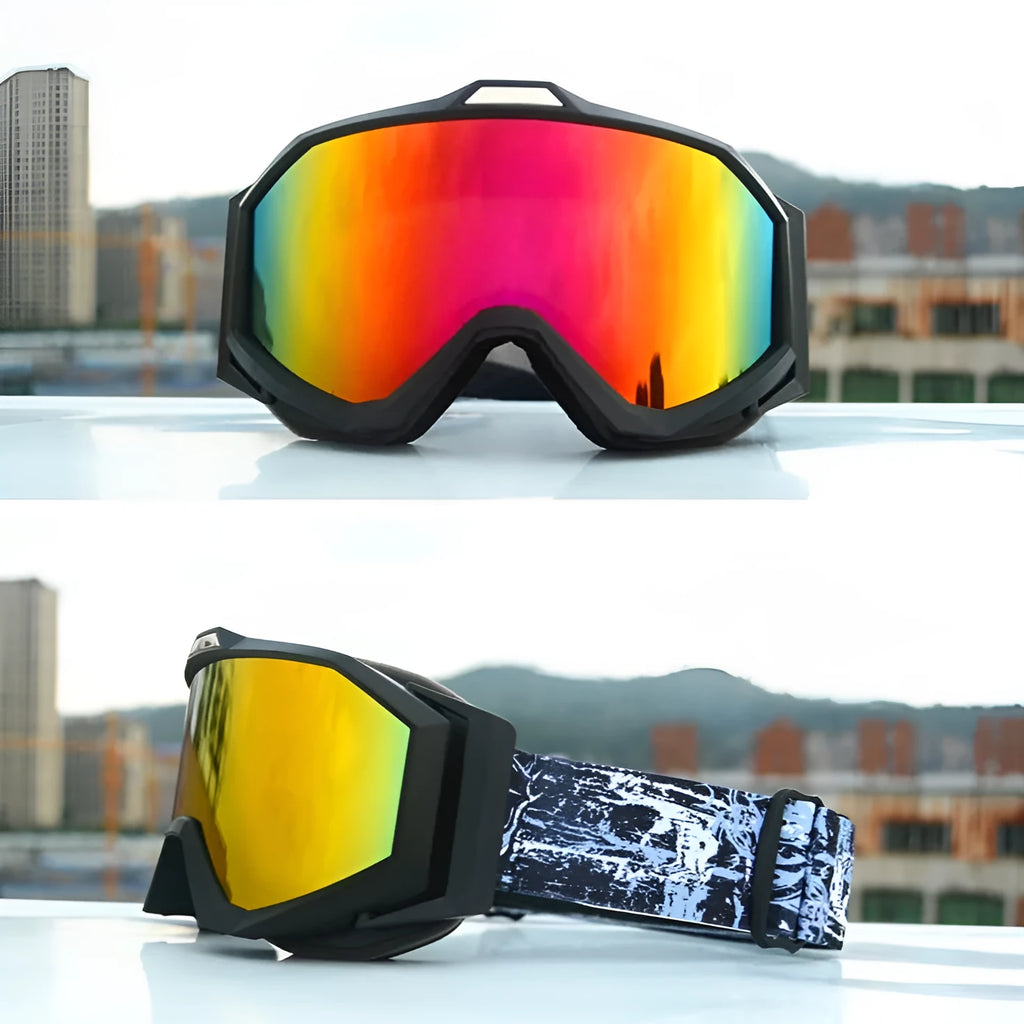 Motorcycle goggles with double-layer anti-fog lenses in black frame with grey lens option