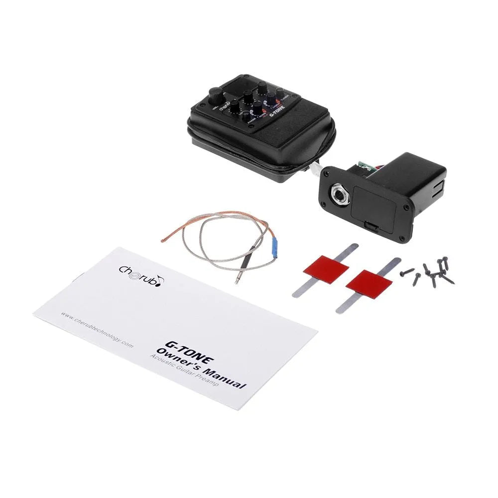 Cherub GT-6 black acoustic guitar EQ pickup unit with control knobs for 3-band EQ and built-in effects.
