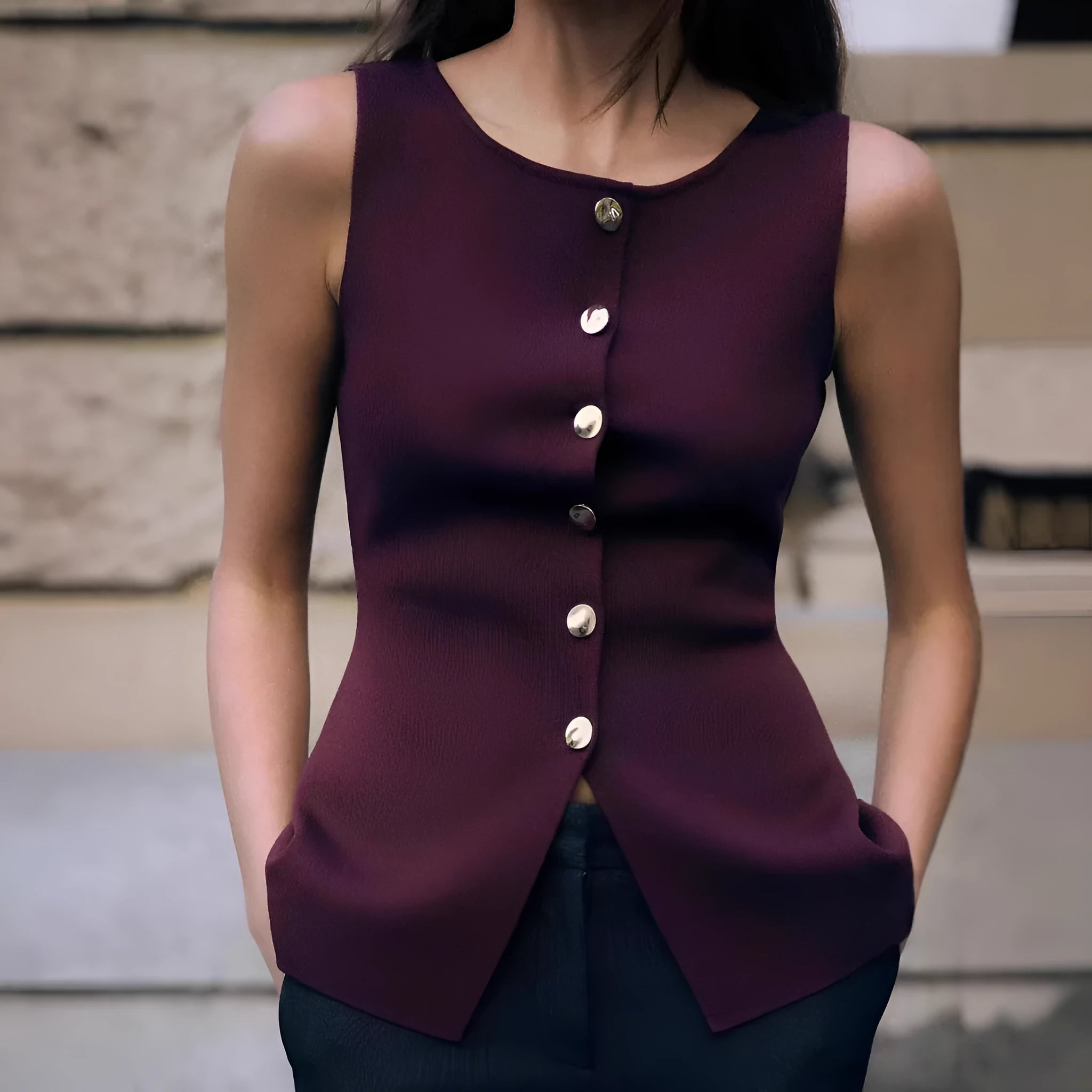 Women's dark red slim fit viscose vest with gold buttons and a textured 3D pattern, shown on a hanger.