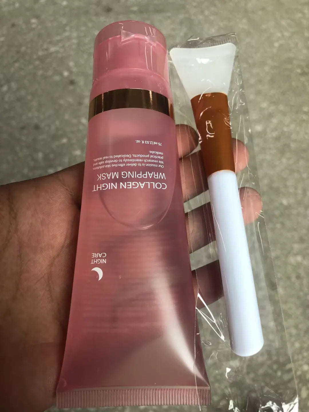 75ml bottle of collagen night face mask with application brush for skin firming and hydration.