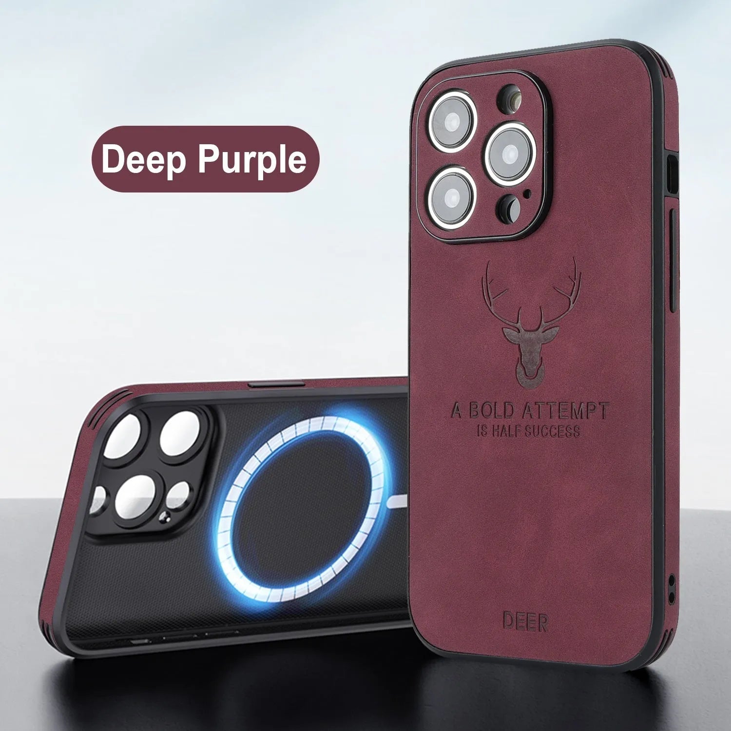 iPhone 16 series imitation leather phone case with embossed moose head design, shown in multiple colour options