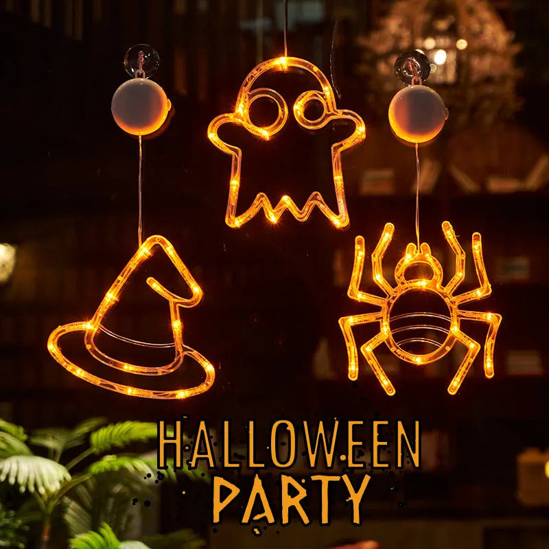 Set of seven battery-powered Halloween LED hanging lights with ghost, spider, and pumpkin designs for window decoration.