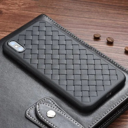 Luxury grid weave pattern TPU phone case for iPhone models in various colours showing raised edges and precise cutouts.