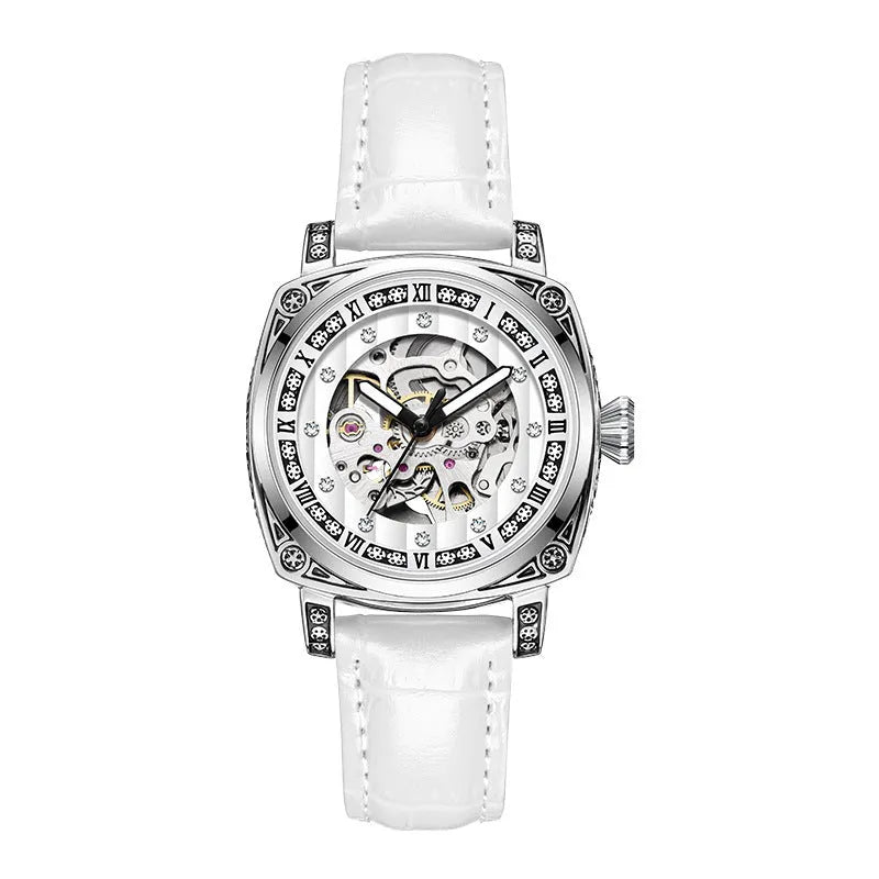 Mechanical watch with luminous hands on leather belt showing 10m waterproof rating and available colour options