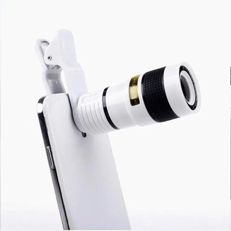 12X magnification black phone telescope with adjustable clip for smartphone cameras.