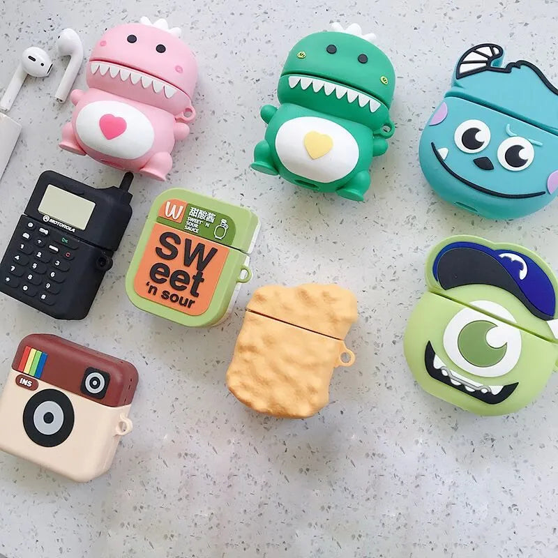 Silicone AirPods case cover with cartoon animal design in multiple colour options