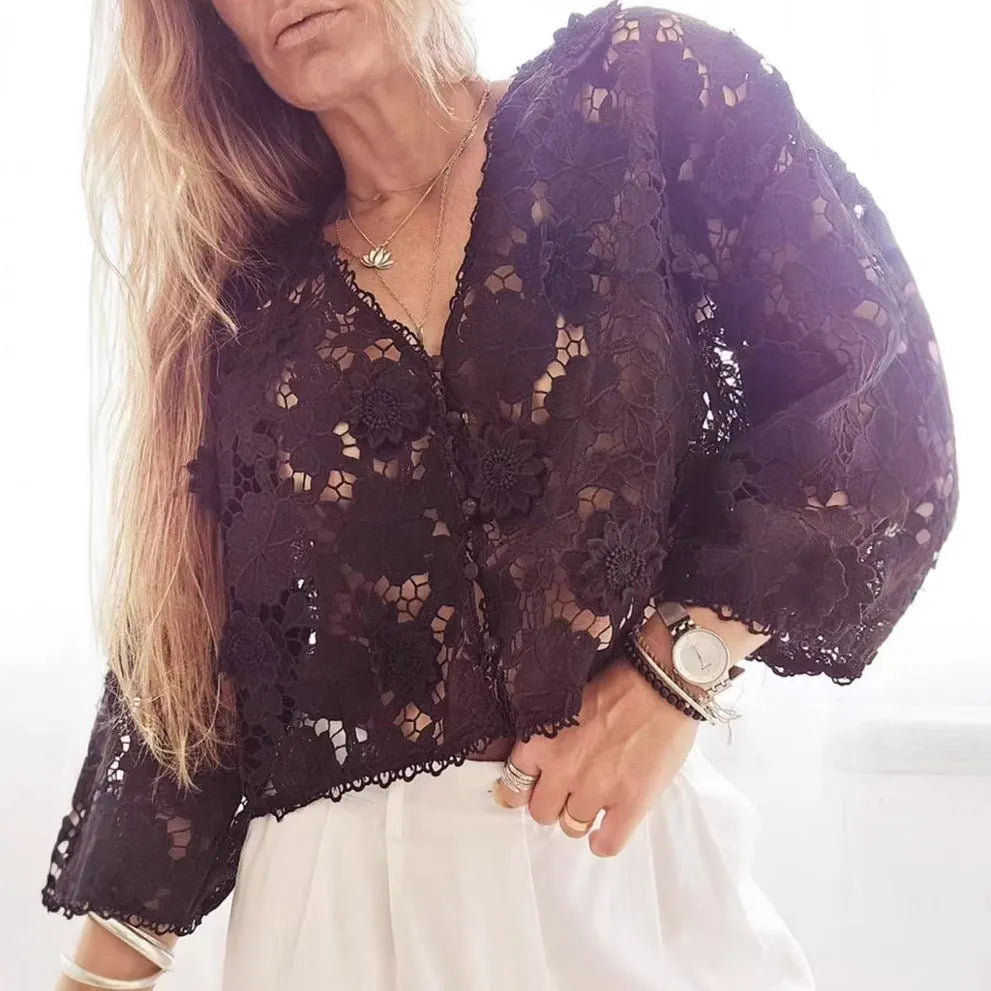 Women's loose V-neck cardigan with a large three-dimensional lace flower on hollow lace fabric.