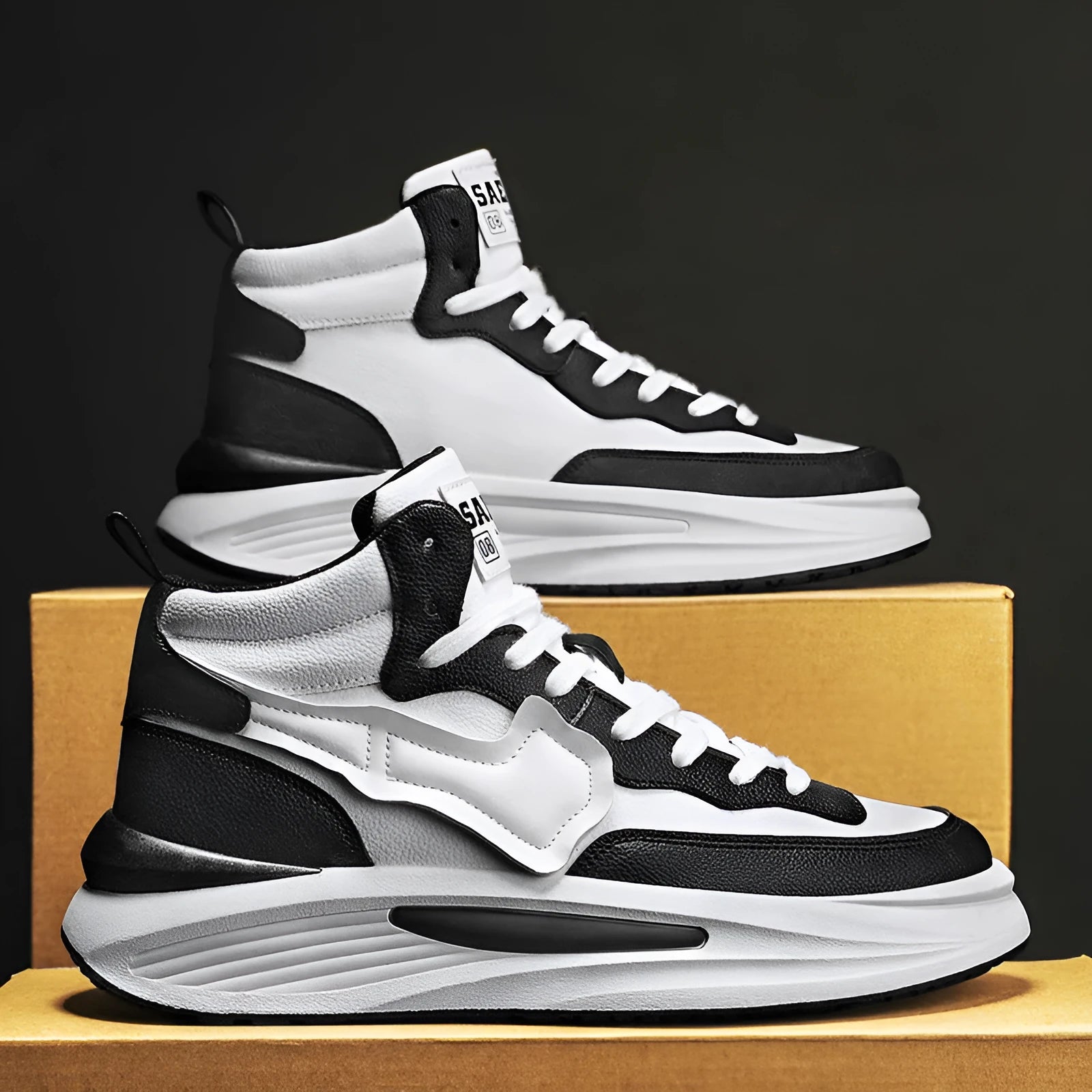 Men's black and white high-top platform board shoes with round toe made from artificial PU.