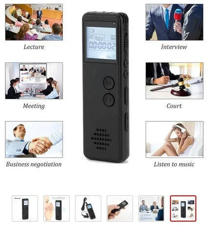 Black MP3 digital voice recorder with display screen measuring 88mm × 33mm × 12.5mm