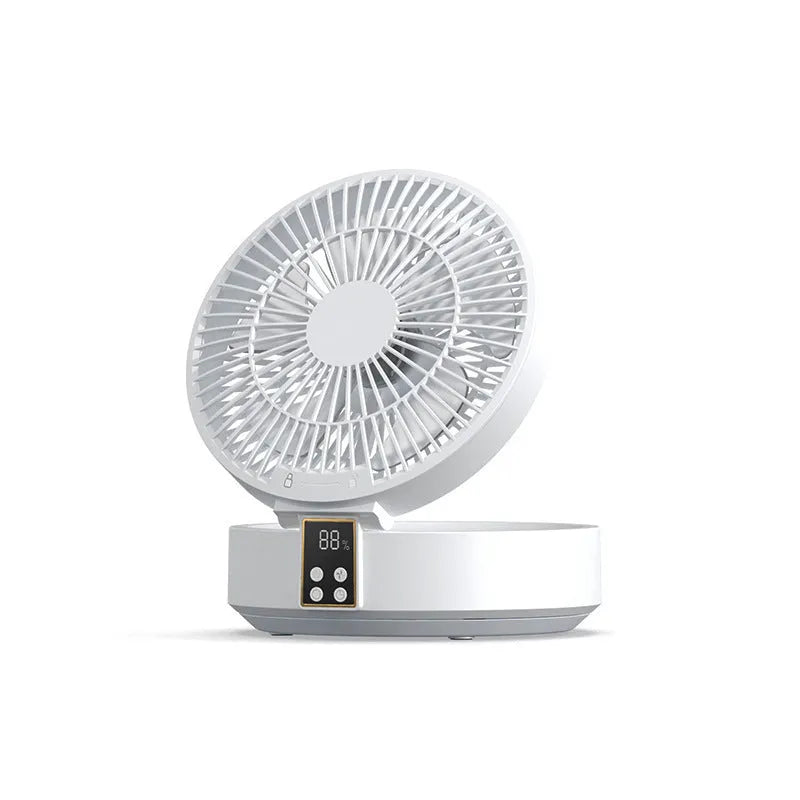 White USB rechargeable folding fan with remote control on a desk, showing 90° adjustable head and night light