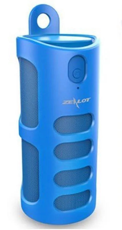 Compact portable Bluetooth speaker in black, blue, or red, showing dimensions of 72mm by 72mm by 170mm.
