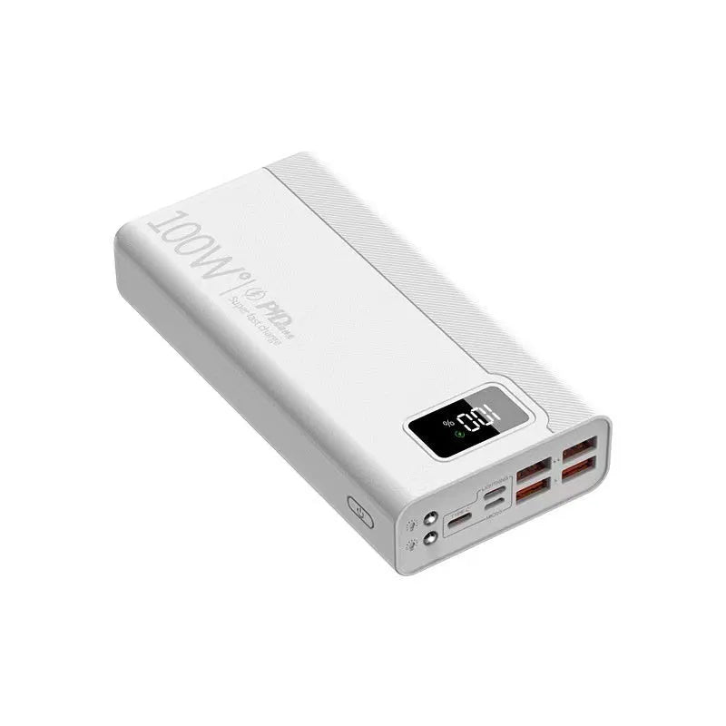Large capacity power bank in black or white plastic housing with dimensions from 150×76×30mm to 150×76×50mm
