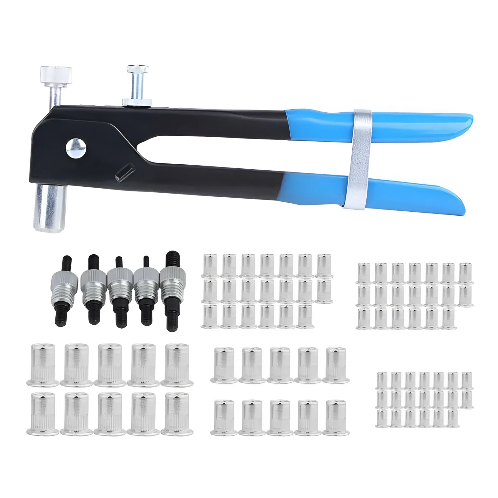 Alloy steel manual riveter nut set showing rivet gun and fasteners in 106pc or 86pc configuration
