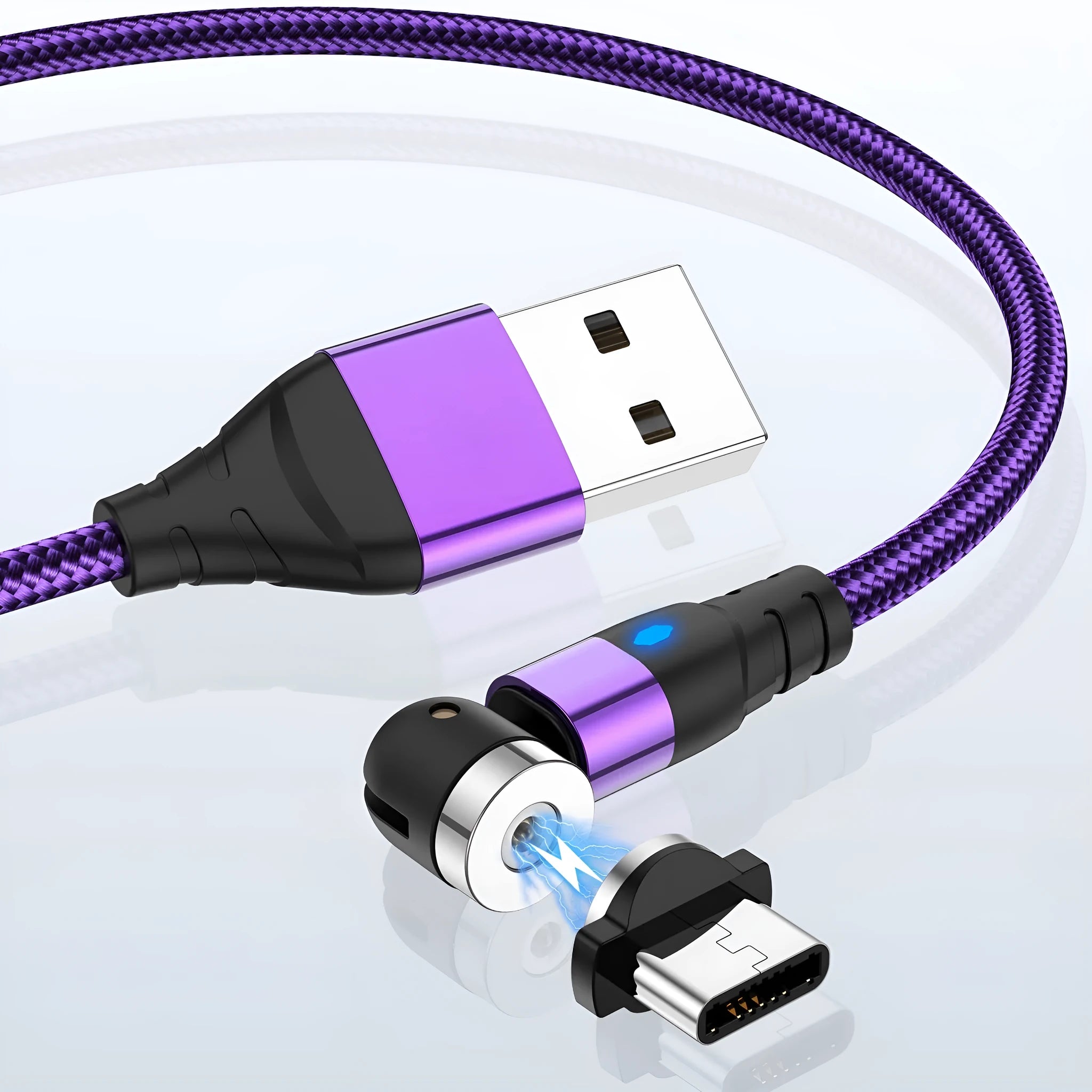 Magnetic charging cable with LED light indicator in various colours showing magnetic connection heads