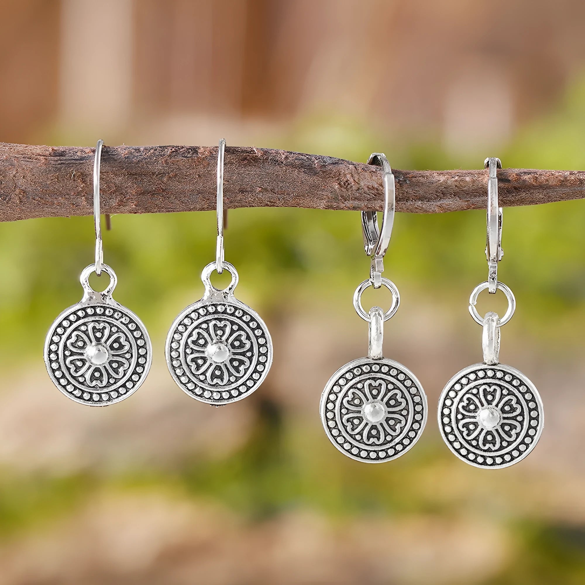 Round geometric retro earrings with distressed bohemian ethnic style in electroplated zinc alloy