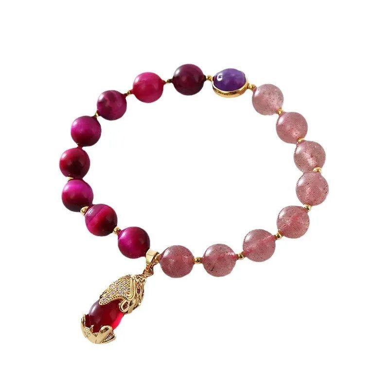 Women's simple bracelet with strawberry crystal beads on elastic rope, showing picture-accurate colour