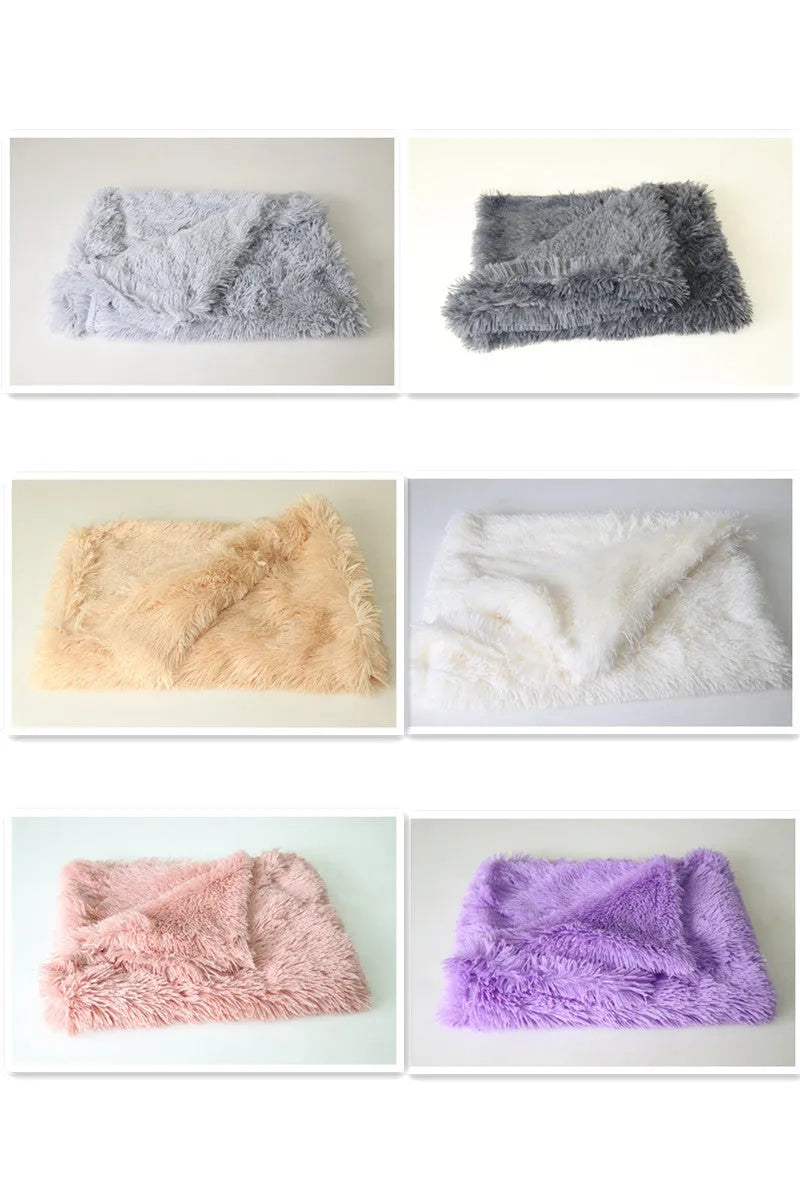 Long plush pet blanket in wool polyester blend showing dark grey, light grey and white colour options with size comparison