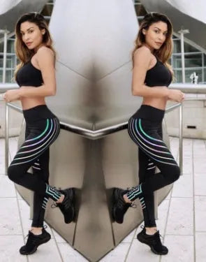 Women's black fitness leggings with glowing night print pattern, slim fit pencil pants style