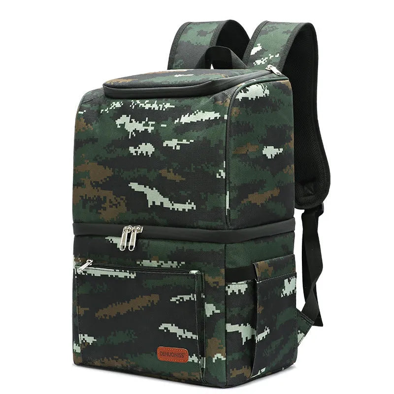 Blue double-layer insulated waterproof backpack cooler with 22 litre capacity shown outdoors.