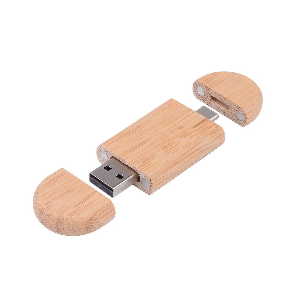 Carved wooden box-shaped USB flash drive with TYPE-C phone connector on display