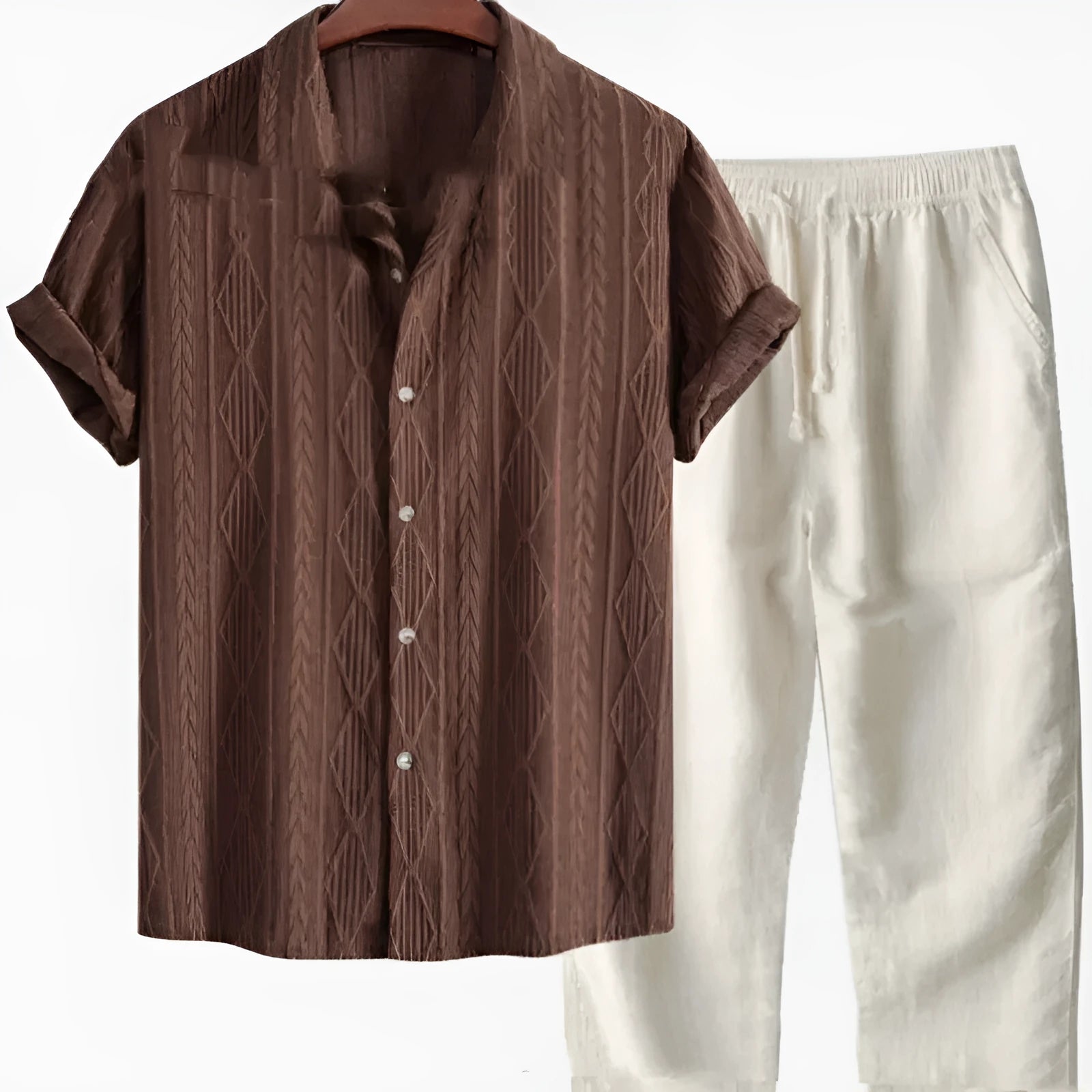 Mens loose short sleeve shirt and trousers casual set in milk silk polyester fabric for summer wear