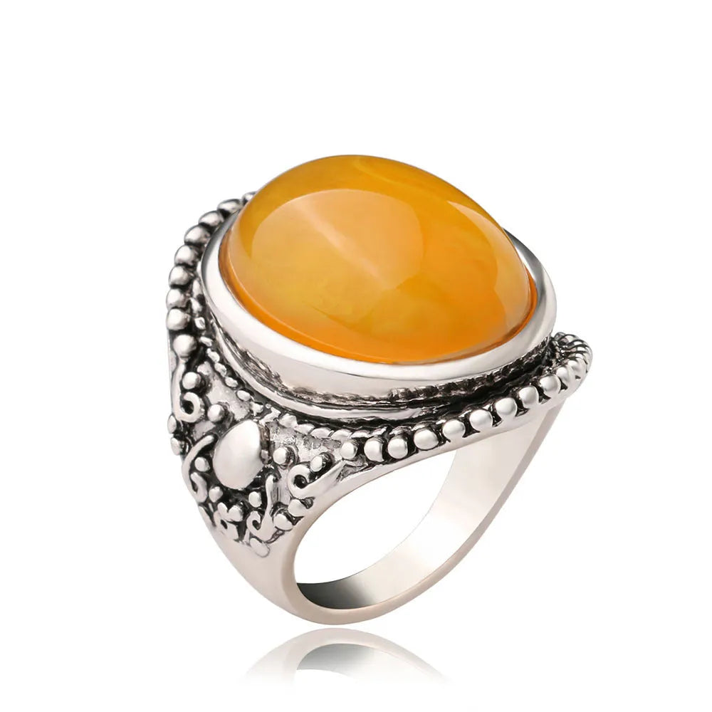 Retro geometry alloy ring antique silver amber colour with fluorescent beeswax design