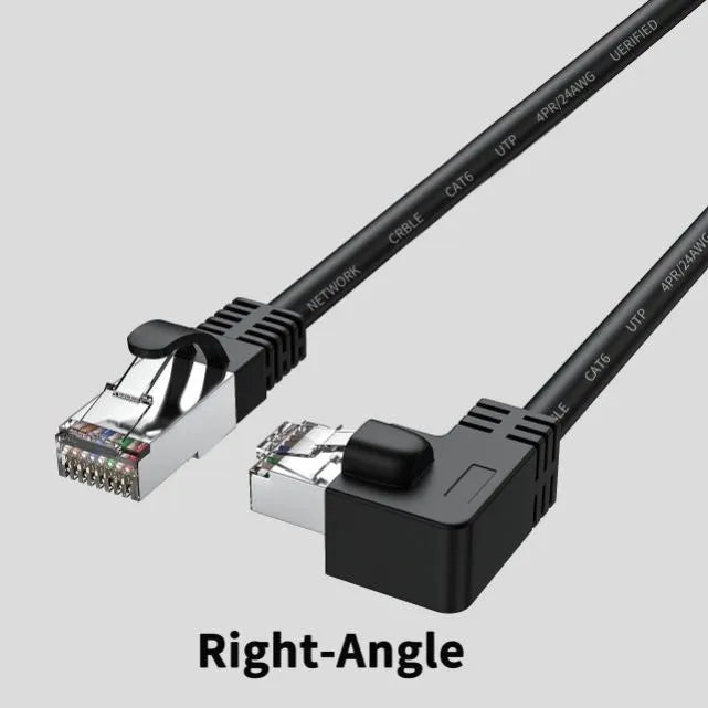 Right-angle Cat6 Ethernet cable with RJ45 connector in various colour options