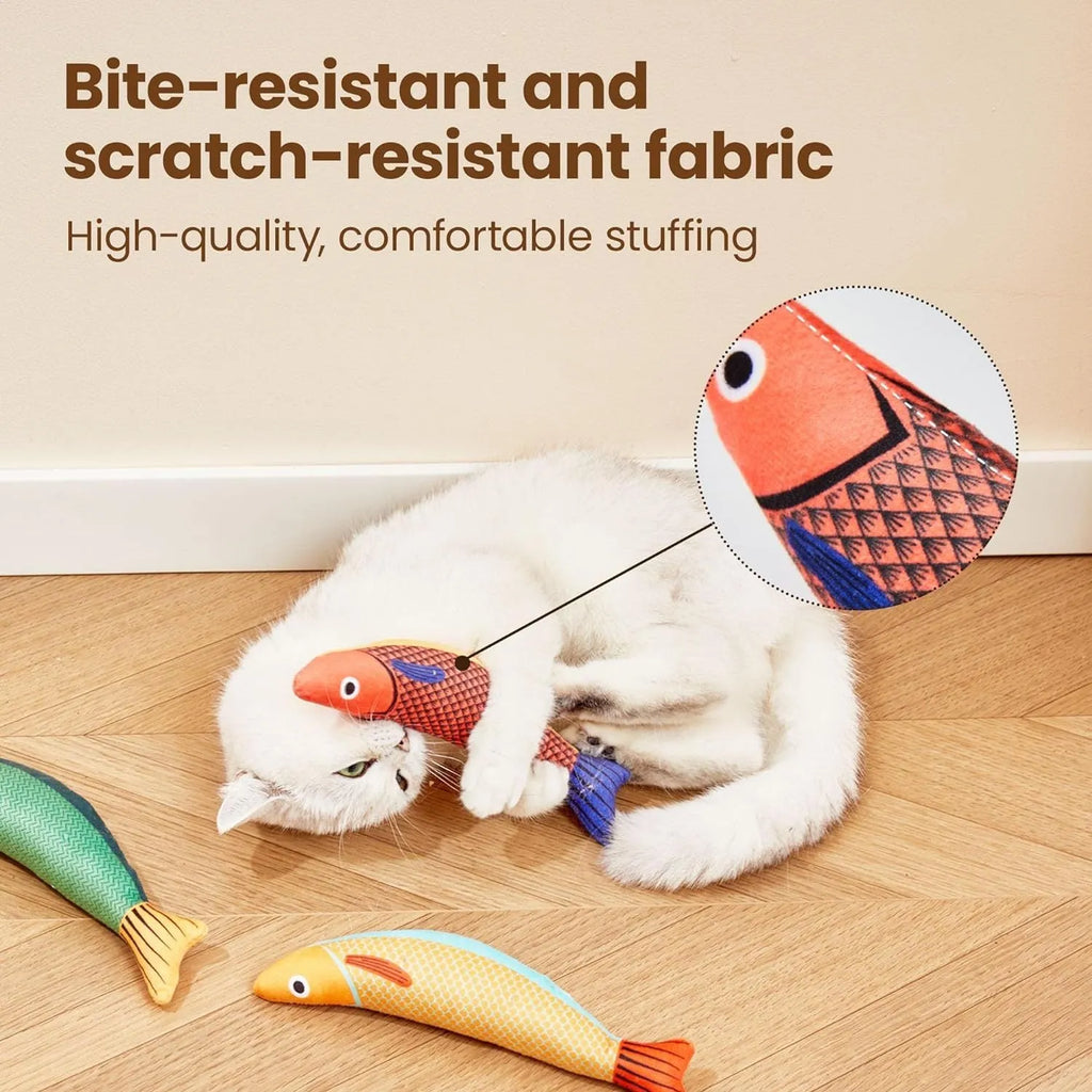 Soft plush fish-shaped cat kicker toy filled with organic catnip in green, orange, and yellow colours.