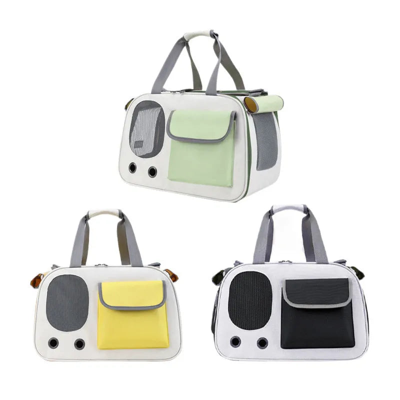 Foldable single shoulder pet carrier bag in canvas material, shown in black colour