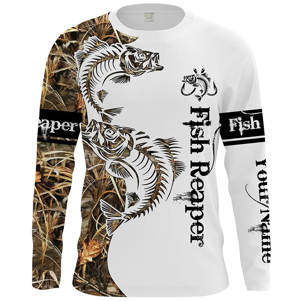 Men's grey pullover sweater with a detailed all-over fish print, featuring a round neck and long sleeves.