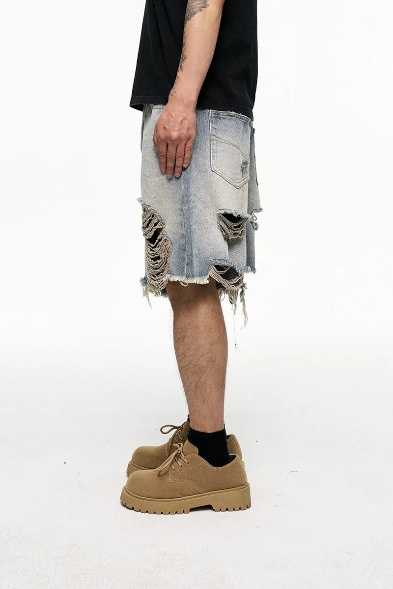 Light blue retro washed men's baggy denim shorts with a wide-leg cut and mid-waist.