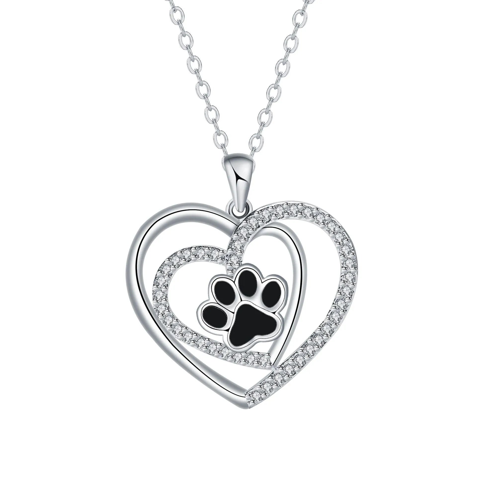 Women's necklace with a heart-shaped dog paw print copper pendant on a cross chain.