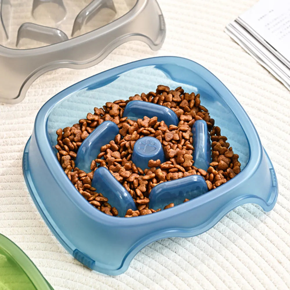 Plastic dog slow feeder bowl with anti-choking maze design in blue colour option