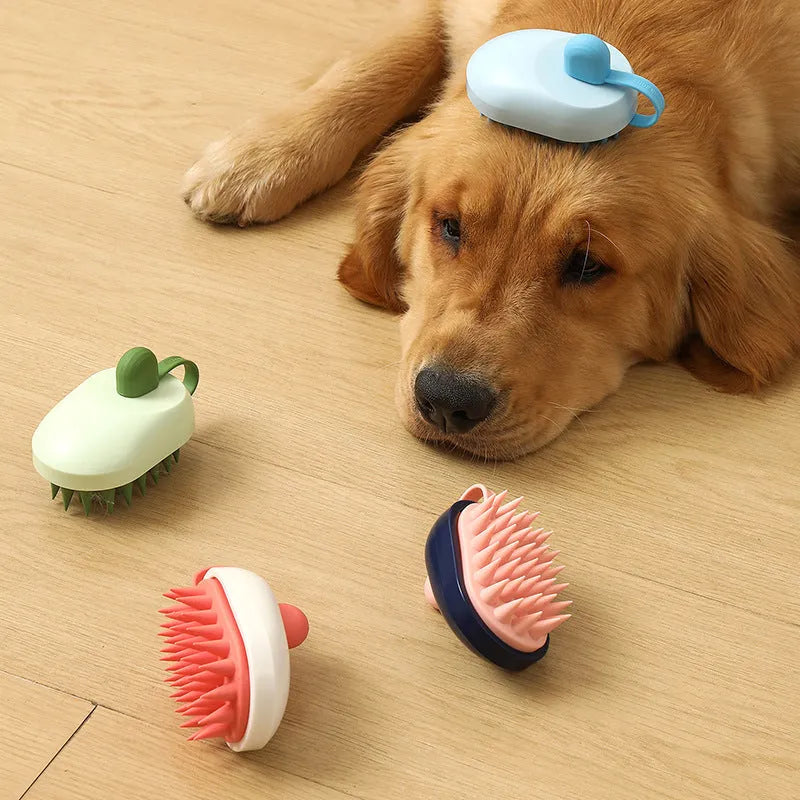 Pet grooming brush with soft silicone bristles and ABS handle for dog bath hair removal and massage