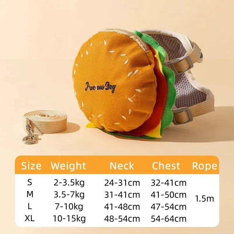 Cartoon hamburger chips design adjustable dog leash and escape proof vest with backpack harness.