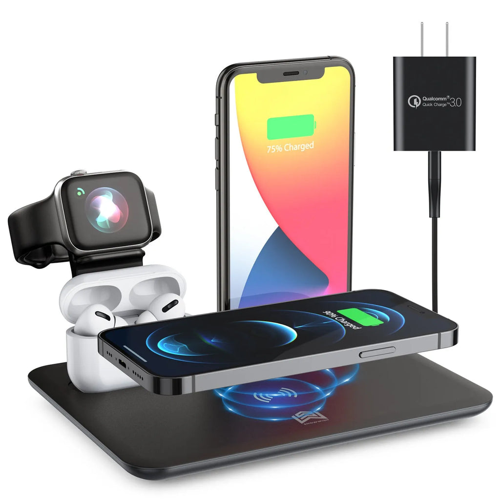 Black and white wireless desktop charging station for phone, headphones and watch on a desk