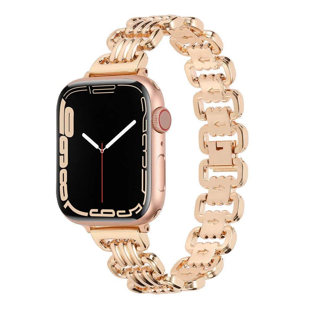 Silver alloy metal link bracelet for Apple Watch on a wrist.